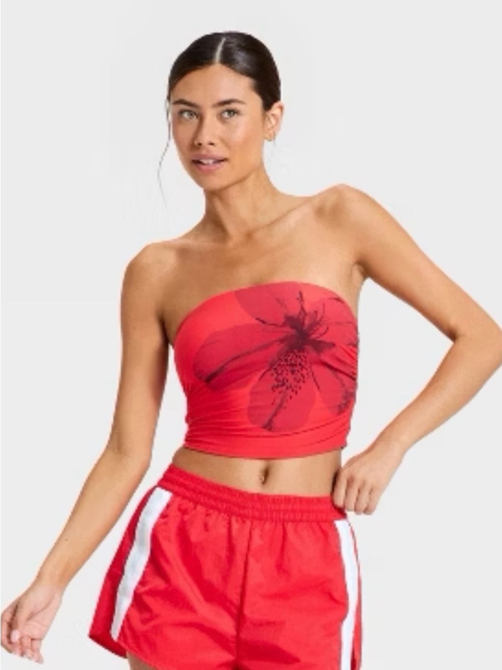 JoyLab Red Floral Bandeau Support Top size xs